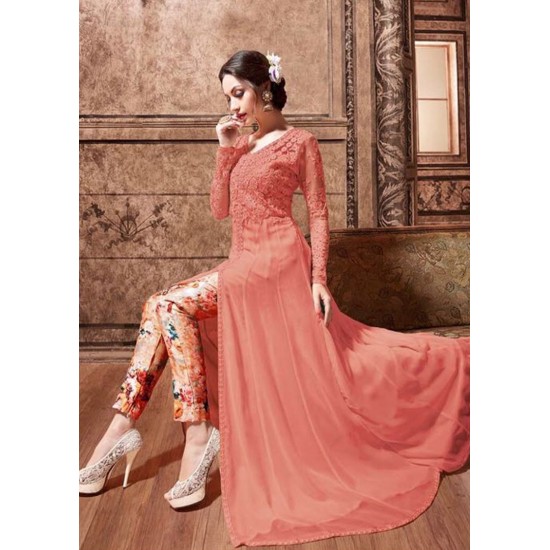 Long Frock Peach Floral Indian Designer Dress
