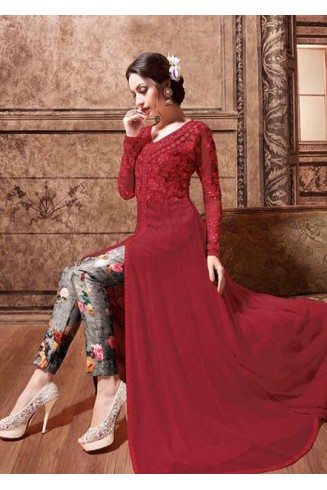 Red & Grey Anarkali Dress Front Slit Style Indian Gown