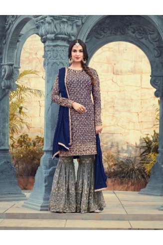 ZMP5501-D BLUE AND GREY MAISHA PEARL INDIAN PAKISTANI PARTY WEAR GHARARA PANT SUIT