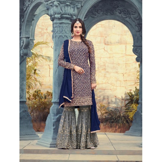 ZMP5501-D BLUE AND GREY MAISHA PEARL INDIAN PAKISTANI PARTY WEAR GHARARA PANT SUIT