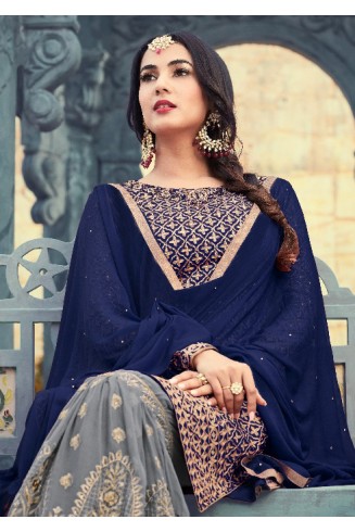 ZMP5501-D BLUE AND GREY MAISHA PEARL INDIAN PAKISTANI PARTY WEAR GHARARA PANT SUIT