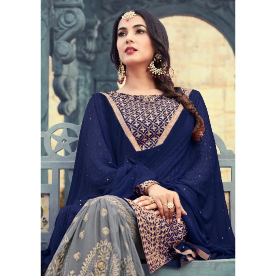 ZMP5501-D BLUE AND GREY MAISHA PEARL INDIAN PAKISTANI PARTY WEAR GHARARA PANT SUIT