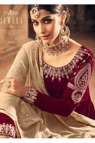 MAROON INDIAN DESIGNER FALKEN VELVET ANARKALI GOWN ( 2-3 weeks delivery ) 