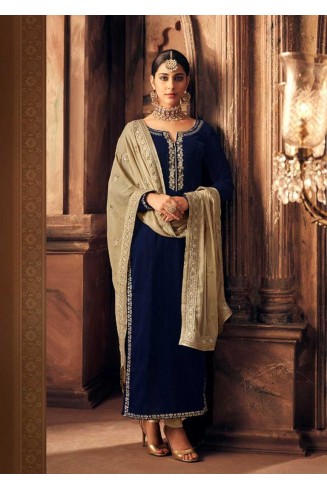 NAVY BLUE INDIAN DESIGNER FALKEN VELVET SALWAR SUIT ( 2-3 weeks delivery ) 