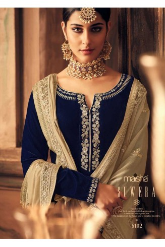 NAVY BLUE INDIAN DESIGNER FALKEN VELVET SALWAR SUIT ( 2-3 weeks delivery ) 