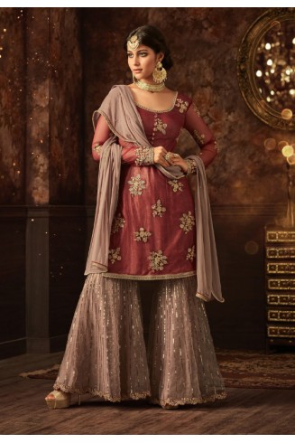 MAROON AND BEIGE INDIAN WEDDING GHARARA SEMI STITCHED SUIT ( DELIVERY IN 2 WEEKS )