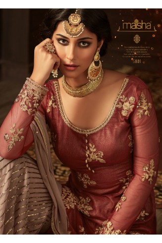 MAROON AND BEIGE INDIAN WEDDING GHARARA SEMI STITCHED SUIT ( DELIVERY IN 2 WEEKS )
