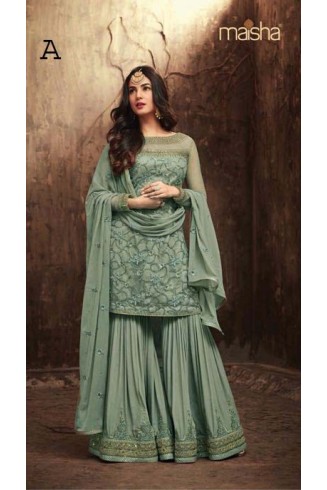 GREEN INDIAN WEDDING SHARARA GHARARA SUIT SEMI STITCHED ( DELIVERY IN 2 WEEKS )