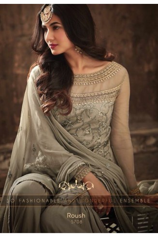 GREY ASIAN WEDDING GHARARA SUIT SEMI STITCHED ( DELIVERY IN 2 WEEKS )