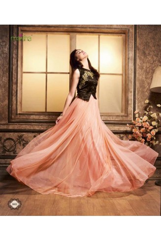 ZMS-3602 PEACH AND DARK GREEN MAISHA MASKEEN SEEP WEDDING WEAR ANARKALI SUIT