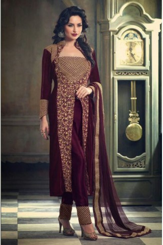 PLUM EMBROIDERED VELVET ETHNIC DRESS (COMES WITH GOLD TROUSER)