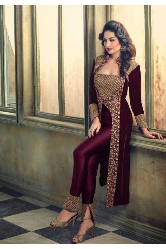 PLUM EMBROIDERED VELVET ETHNIC DRESS (COMES WITH GOLD TROUSER)