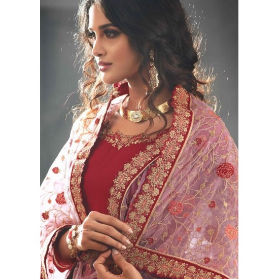 CINNAMON STICK RED GEORGETTE INDIAN SEMI STITCHED ANARKALI GOWN AND HEAVY EMBROIDERED DUPATTA