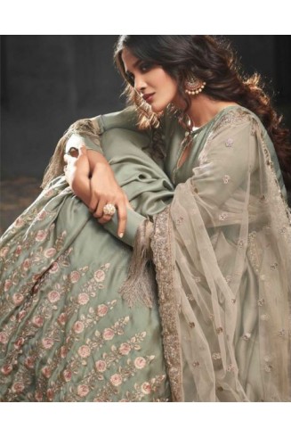SILVER GREEN INDIAN PAKISTANI WEDDING WEAR GOWN 