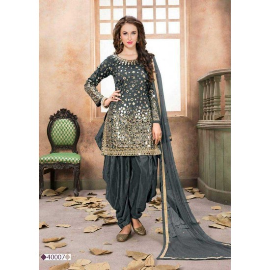 Stunning Silk Mirror Work Gold Dresses Semi Stitched Punjabi Suit