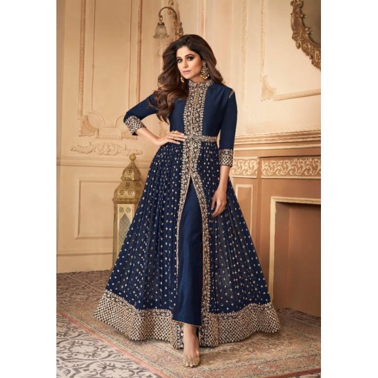 indian navy blue dress Organza Navy-Blue Long Maxi Dress main image 1