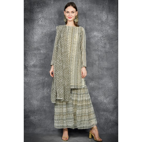 Beige Green Indian Designer Gharara Readymade Suit ( Plus Size)