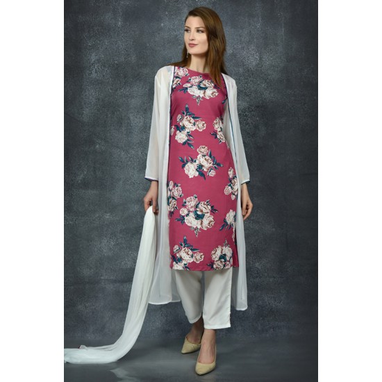 Magenta Purple & White Floral Printed Straight Cut Suit