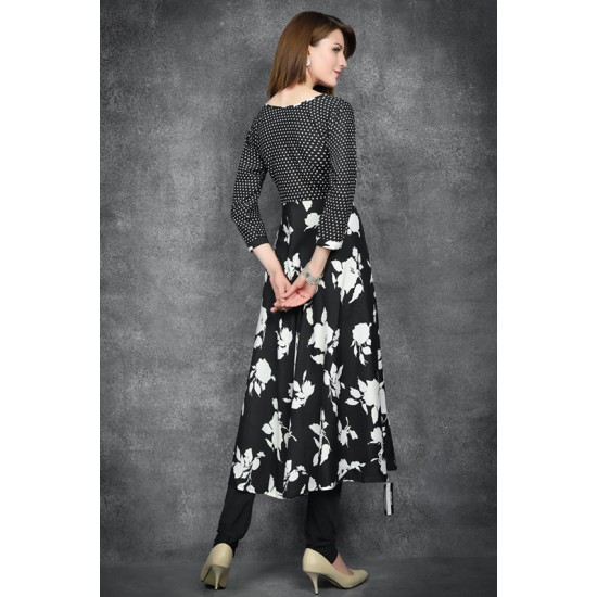 Black Floral Printed A Line Dress
