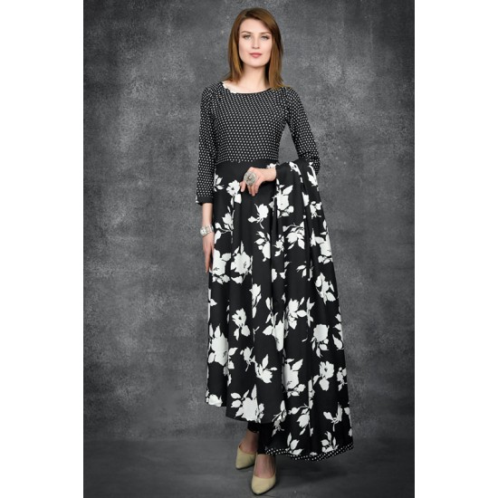 Black Floral Printed A Line Dress