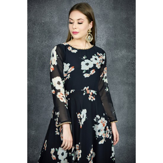 Black Floral Printed Flowy Dress Suit