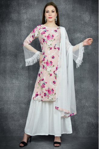 Pink & White Floral Printed Readymade Sharara Suit