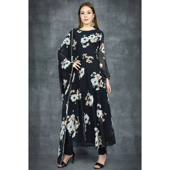 Black Floral Printed Flowy Dress Suit