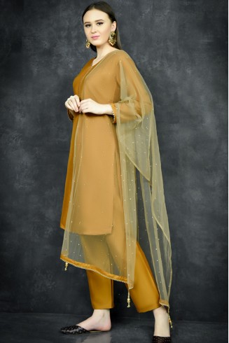 Mustard Straight Cut Kurti & Trouser Suit Set