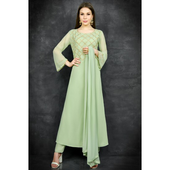Pista Green Ethnic Slit Style Circular Suit