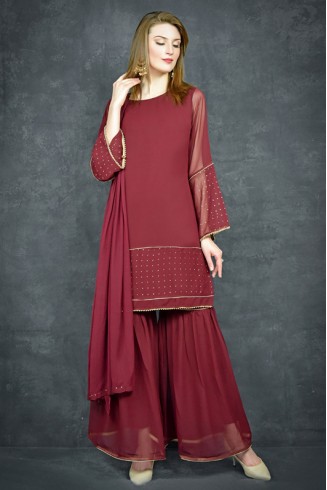 Fired Brick Maroon Gharara & Short Kurti Readymade Suit