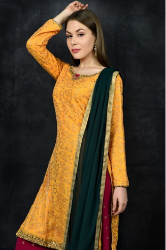 Saffron & Magenta Desi Sharara & Short Kurti Suit