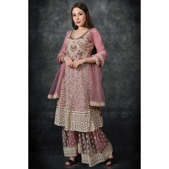 Rose Tan Embroidered Frock & Gharara Suit