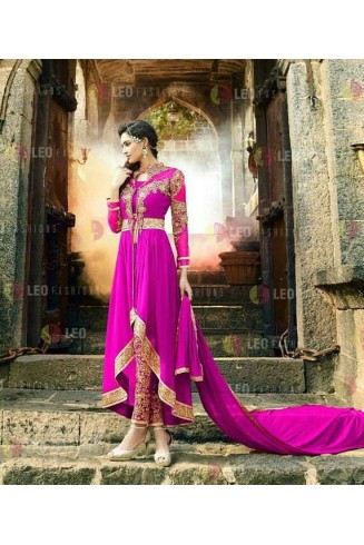 Hot Pink Trouser Style Fancy Anarkali Frock Dress