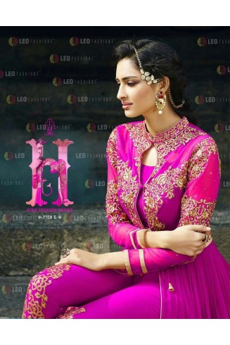 Hot Pink Trouser Style Fancy Anarkali Frock Dress