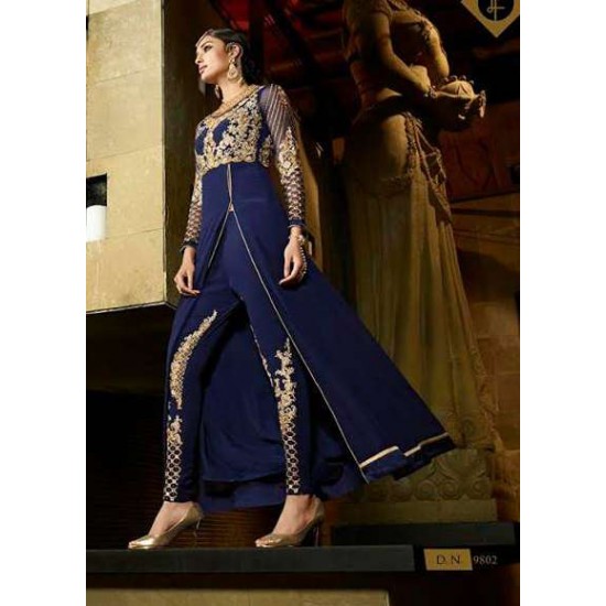 Navy Blue Royal Georgette Pant Style Designer Suit for Weddings & Festive Occasions