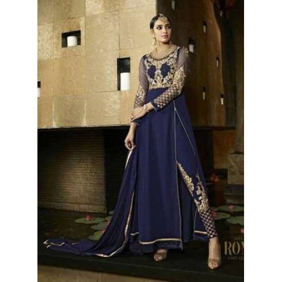 Navy Blue Royal Georgette Pant Style Designer Suit for Weddings & Festive Occasions