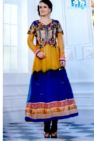Orange Blue A-Line Embroidered Jacket Style Suit