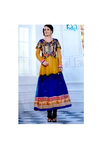 Orange Blue A-Line Embroidered Jacket Style Suit
