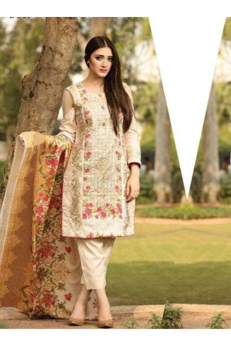 ZEA-D01 ESHA AISHA D01 PEACH BEIGE UNSTITCHED PAKISTANI POLY WOOL SHAWL SUIT