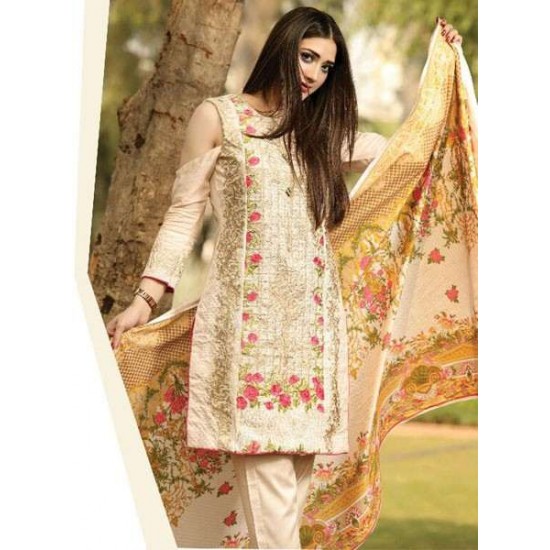 ZEA-D01 ESHA AISHA D01 PEACH BEIGE UNSTITCHED PAKISTANI POLY WOOL SHAWL SUIT