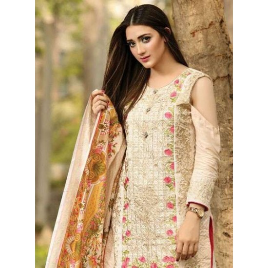 ZEA-D01 ESHA AISHA D01 PEACH BEIGE UNSTITCHED PAKISTANI POLY WOOL SHAWL SUIT
