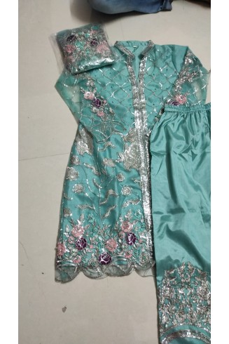Turquoise Embroidered Frock Party Wear Indian Suit