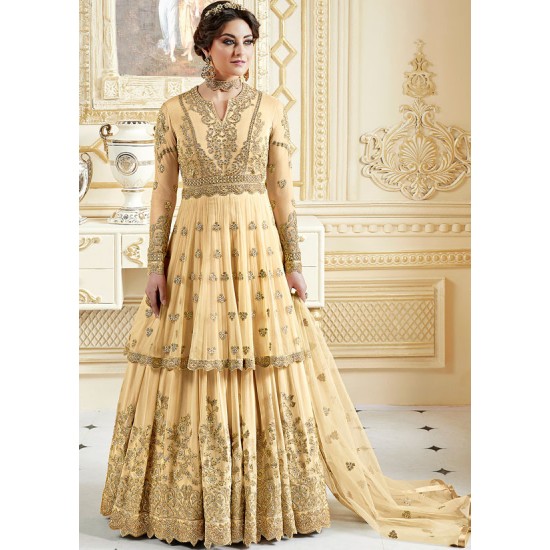 GOLDEN CREAM INDIAN & PAKISTANI DESIGNER PARTY AND WEDDING WEAR FANCY ANARKALI GOWN