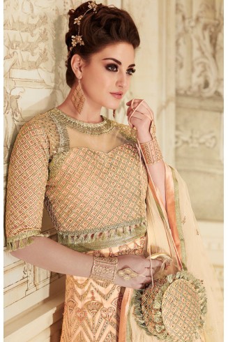 ENIGMATIC PEACH INDIAN & PAKISTANI DESIGNER PARTY AND WEDDING WEAR FANCY LEHENGA