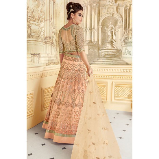 ENIGMATIC PEACH INDIAN & PAKISTANI DESIGNER PARTY AND WEDDING WEAR FANCY LEHENGA