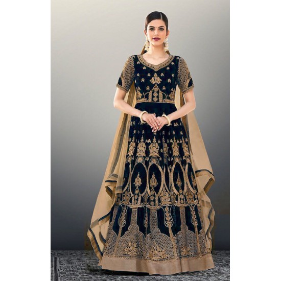NAVY BLUE GULZAR INDIAN DESIGNER ANARKALI GOWN