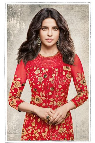 ZH5190 RED HEROINE STARDIVA PRIYANKA CHOPRA GEORGETTE STRAIGHT CUT SUIT