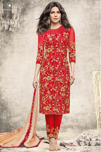ZH5190 RED HEROINE STARDIVA PRIYANKA CHOPRA GEORGETTE STRAIGHT CUT SUIT