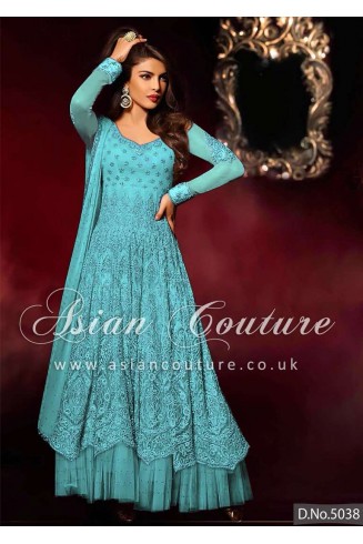 HR5038-D LIGHT BLUE HEROINE PRIYANKA CHOPRA ANARKALI STYLE DRESS