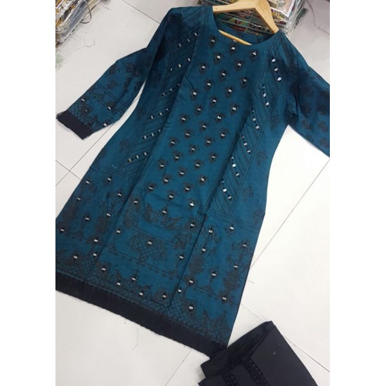 Teal Linen Mirror Work Pakistani Designer Readymade Kurti